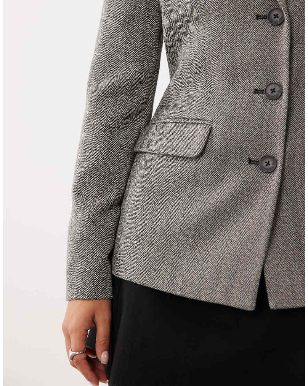 Nobody's Child Gray Wool Mix Wool Feel Herringbone Padded Shoulder Cinched Waist Blazer