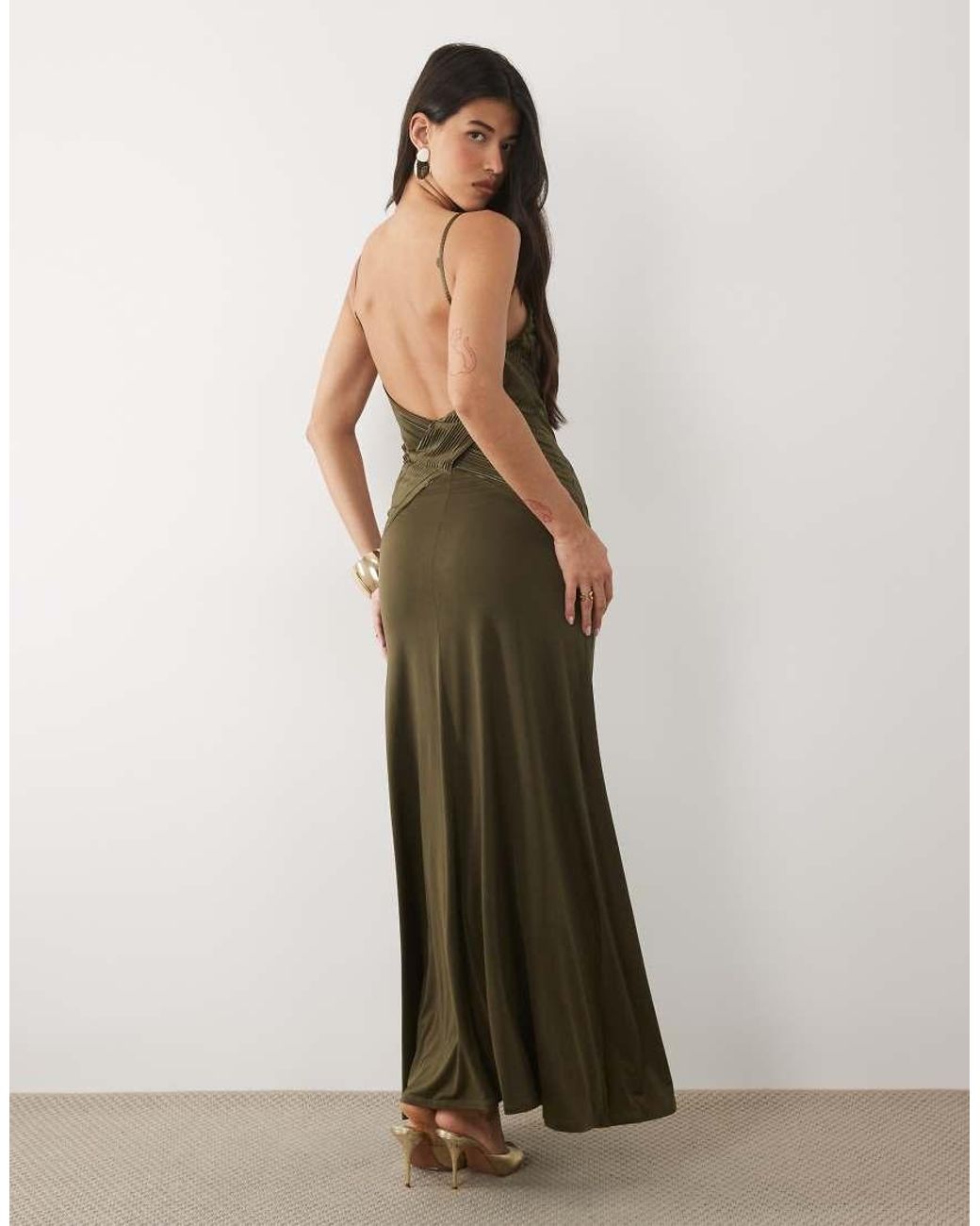 ASOS Green Plisse Contrast V Neck Maxi Dress With Open Back