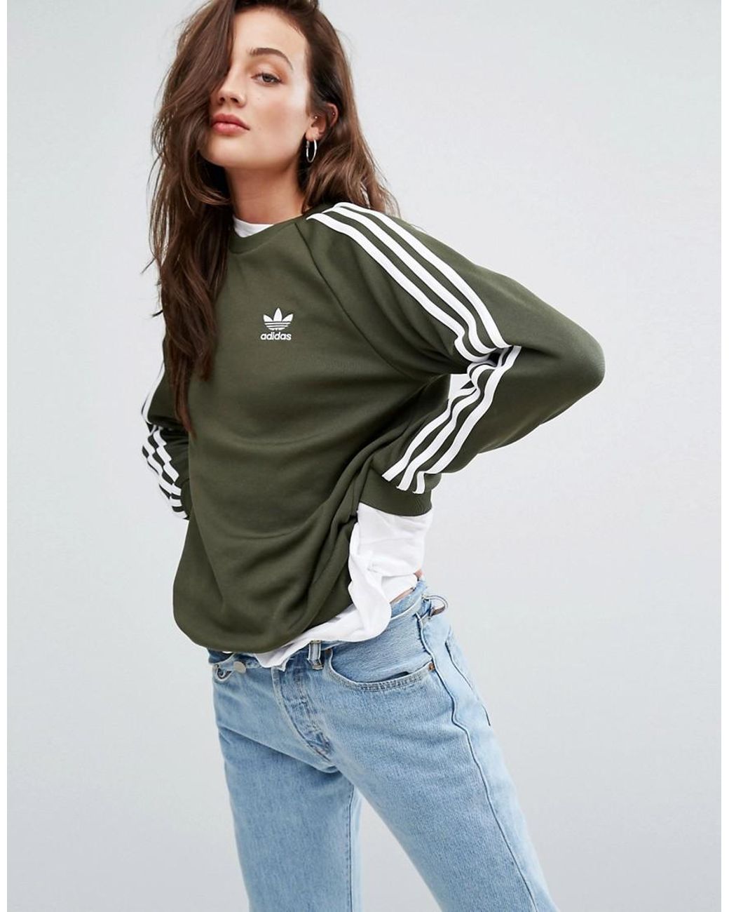 adidas Originals Originals Khaki Three Stripe Boyfriend Sweatshirt in Green  | Lyst UK