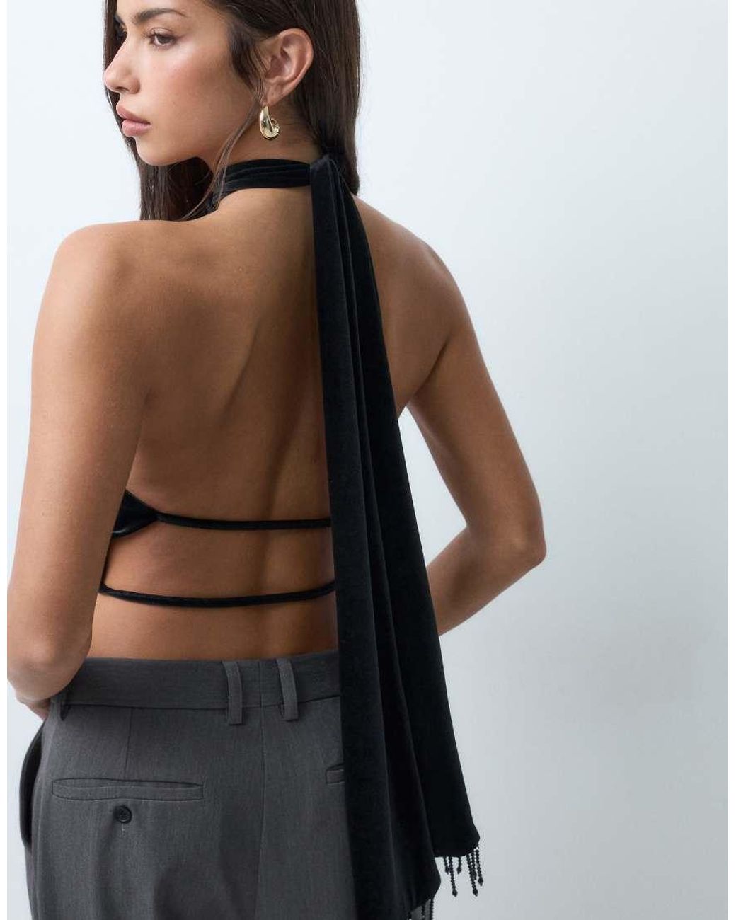 ASOS Black Velvet Fringed Halter Neck With Key Hole