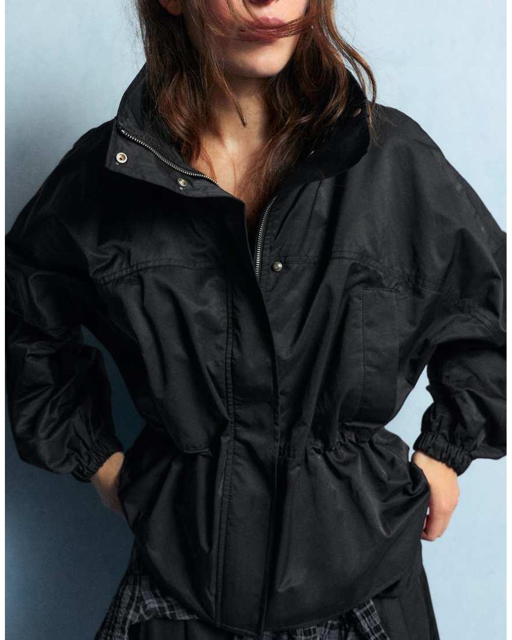 Pull&Bear Black Drawstring Funnel Neck Waist Jacket