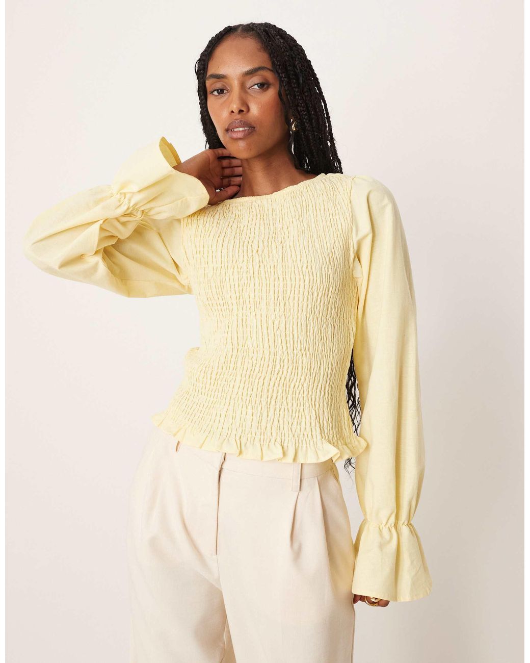 ASOS Linen Blend Shirred Blouse in Natural | Lyst