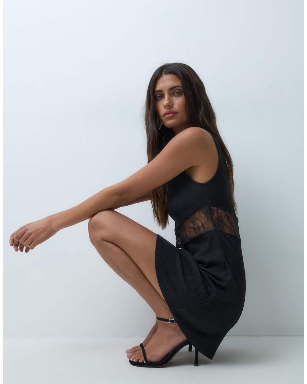 ONLY Blue Slash Neck Mini Dress With Lace Insert