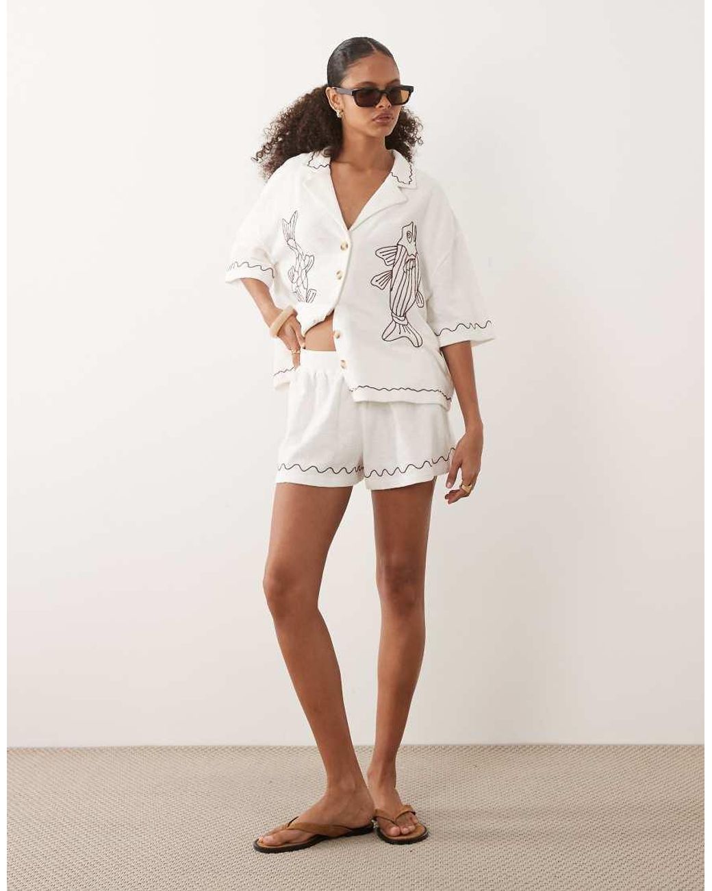 ASOS White Textured Jersey Revere Shirt Co-Ord With Fish Embroidery
