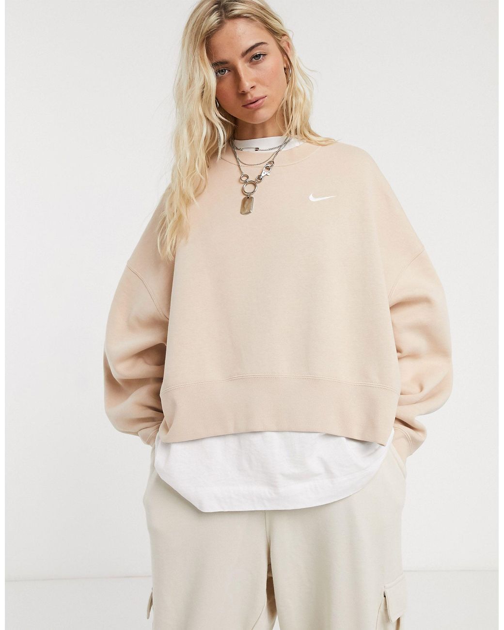 Nike Cotton Mini Swoosh Oversized Boxy Light Beige Sweatshirt in Natural |  Lyst Australia