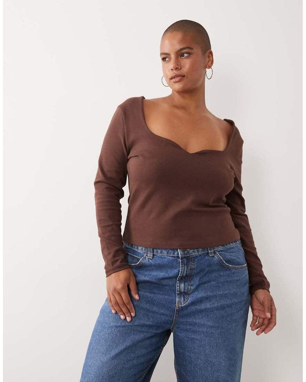 ASOS Brown Asos Design Curve Compact Cotton Long Sleeve Top With Curved Neckline