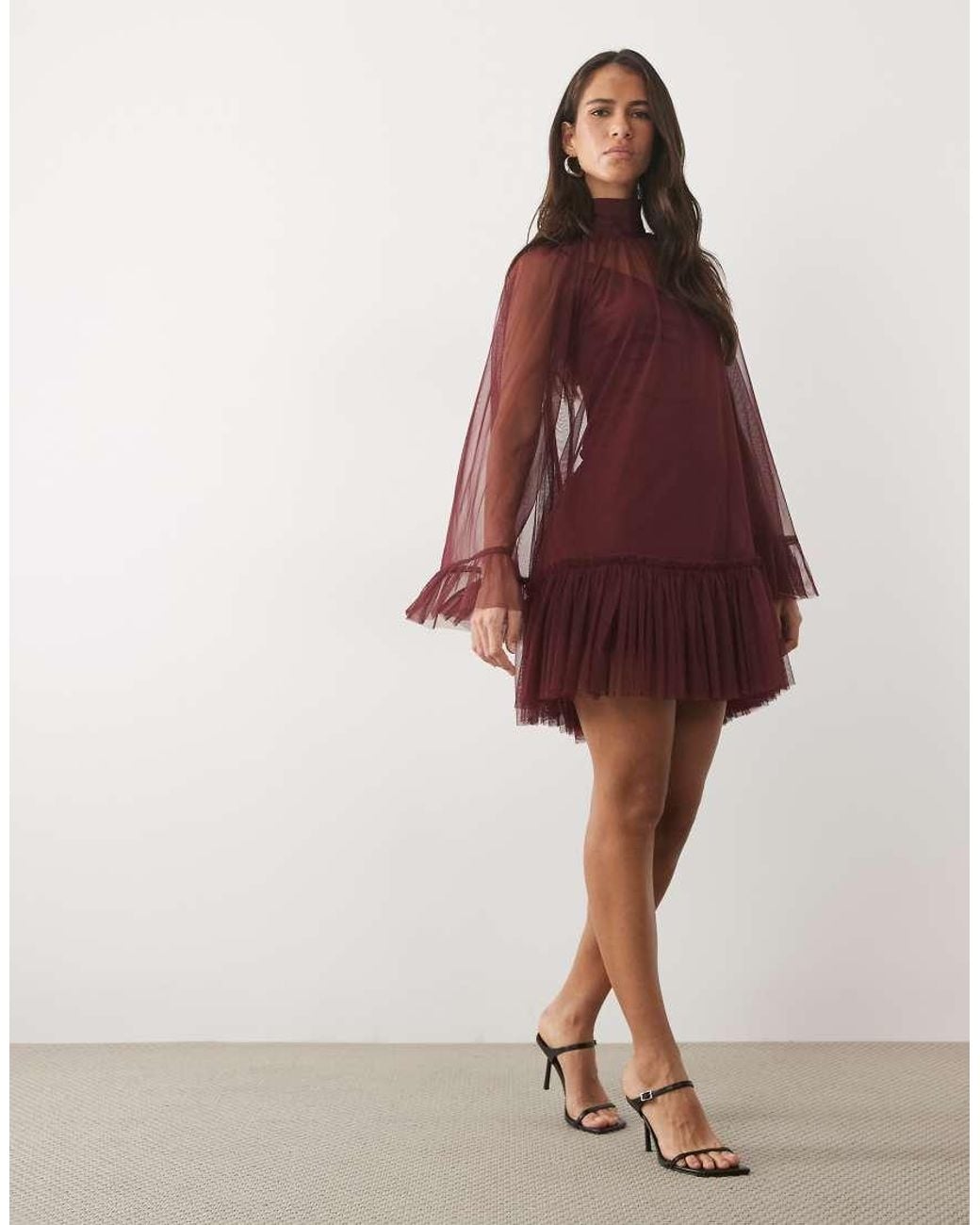 LACE & BEADS Red Tulle Sheer Overlay Bell Sleeve Ruffle Hem Mini Dress