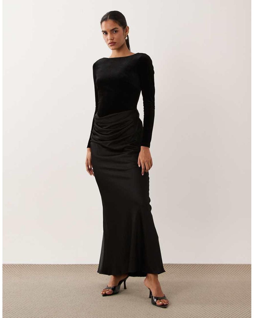 Forever New Black Velvet Long Sleeve Draped Maxi Dress