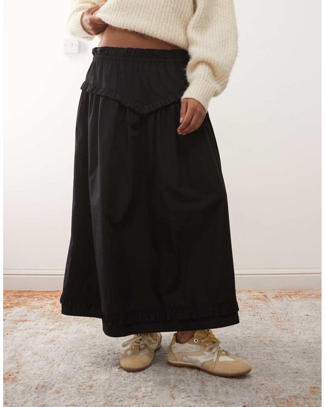 Reclaimed Vintage White Full Midi Skirt With Ruffle Detail On Waist And Hem