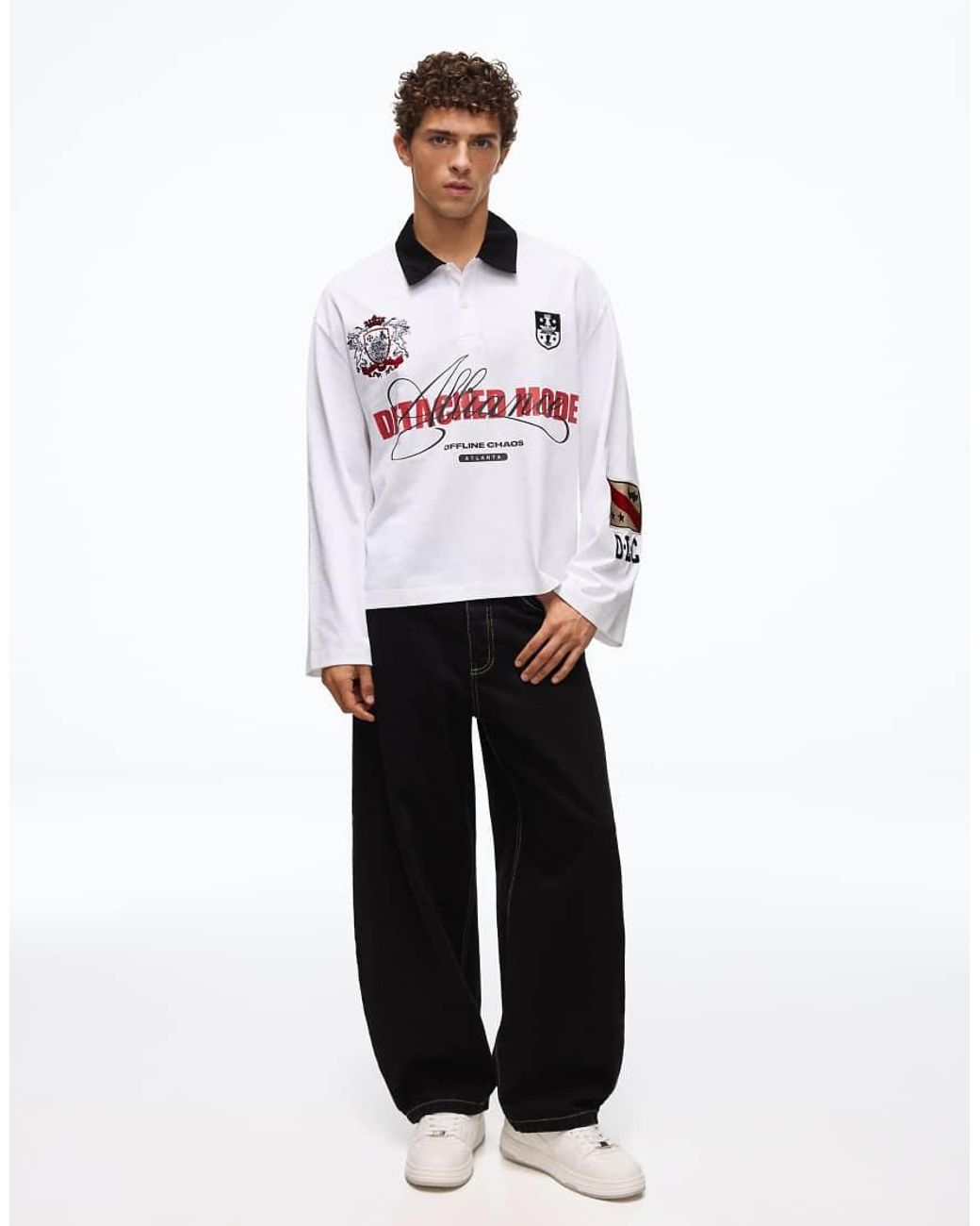 Bershka White Boxy Long Sleeve Polo Shirt for men