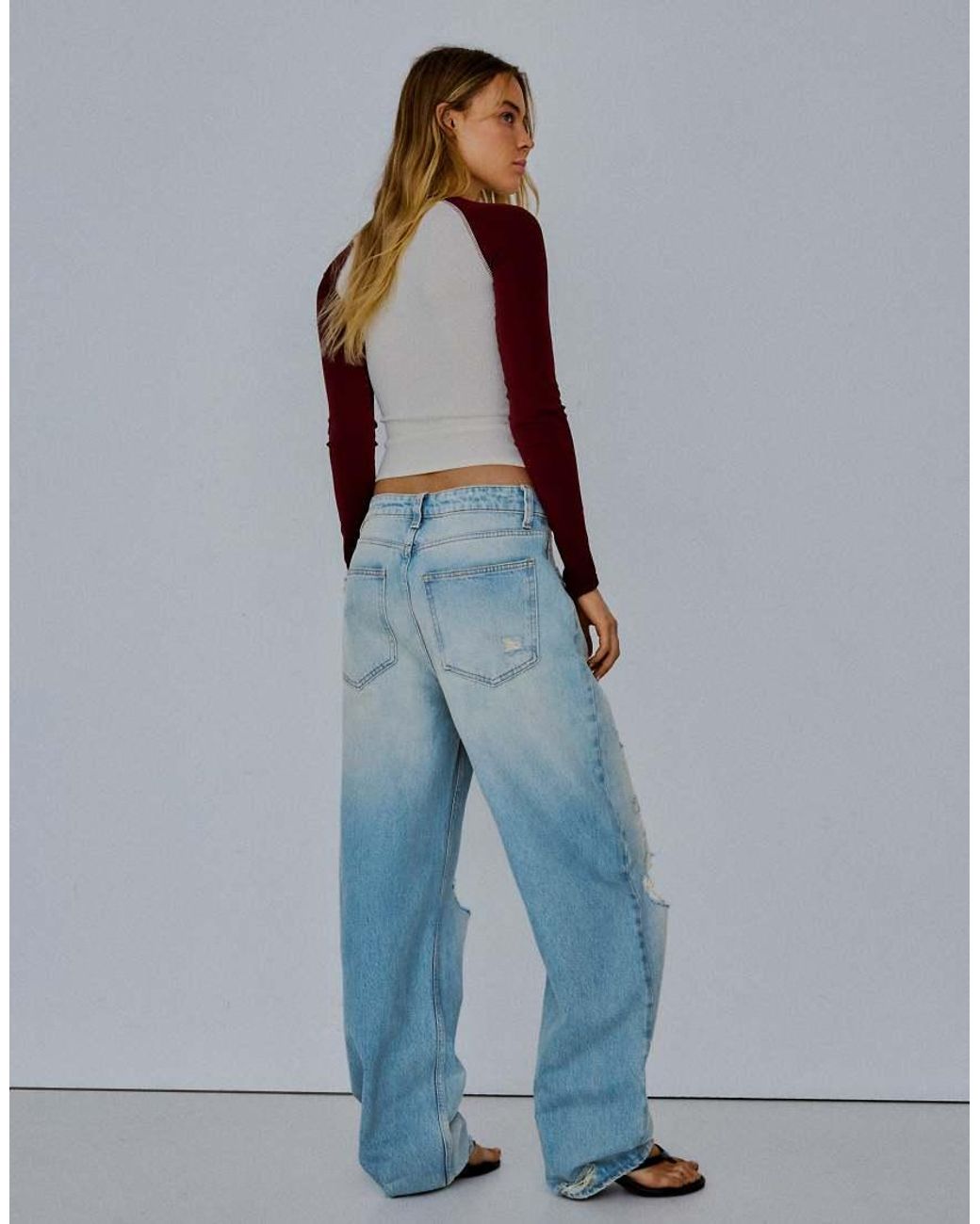 Bershka Blue Ripped Loose Fit Jeans