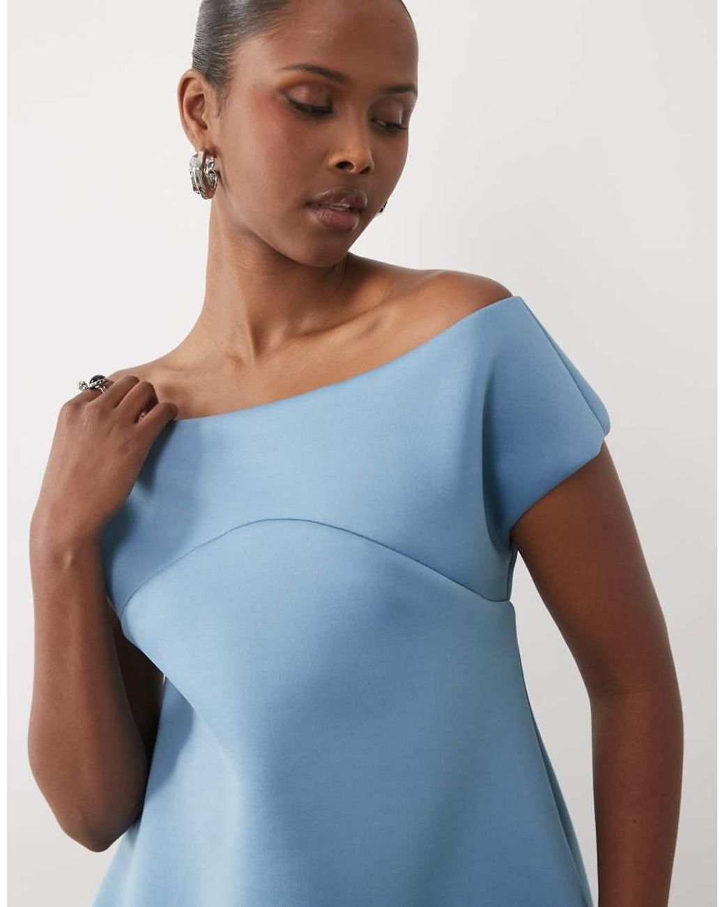 ASOS Blue Bardot Maxi Dress With Train & Bubble Bodice