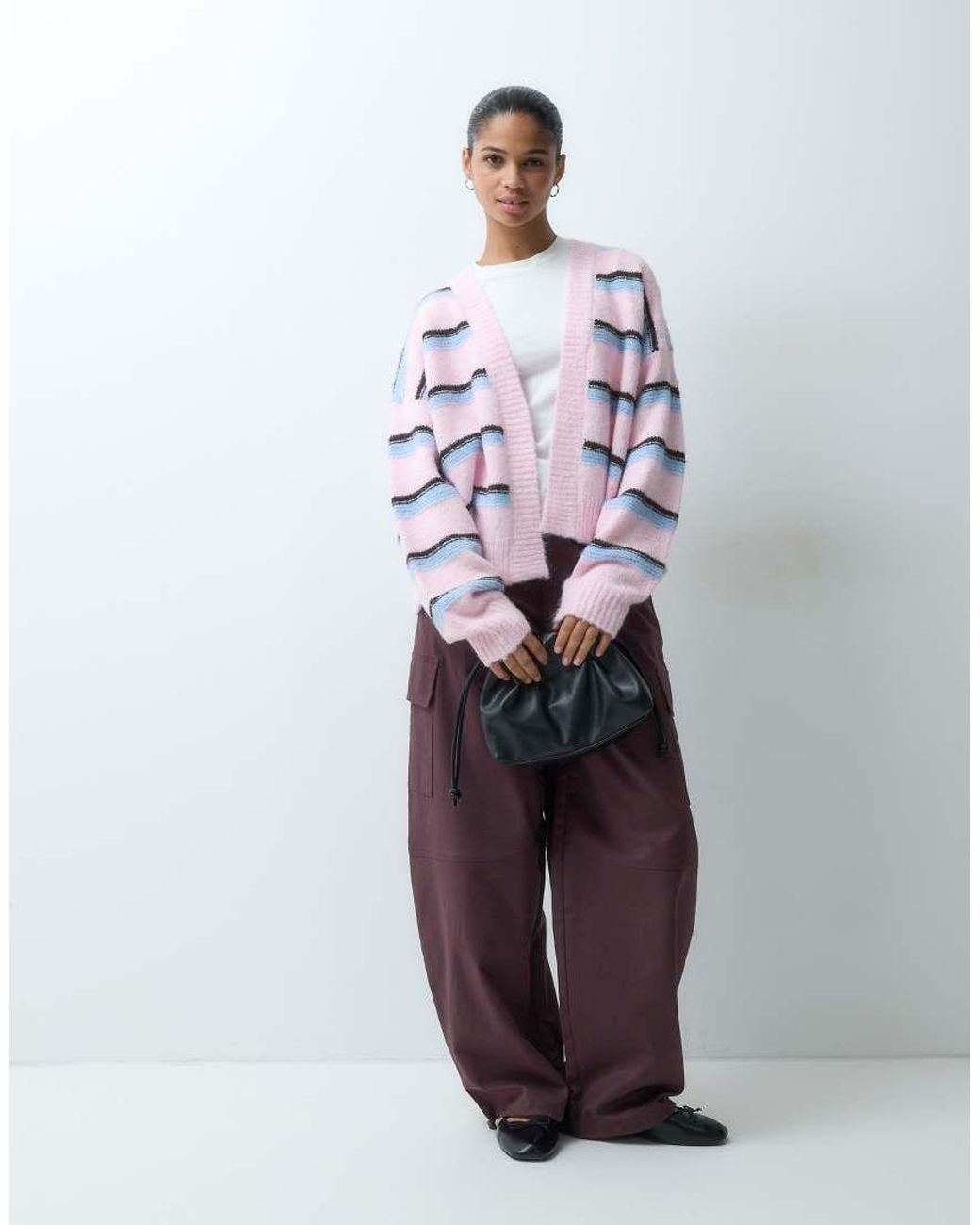 Miss Selfridge White Stripe Fluffy Edge To Edge Cardigan
