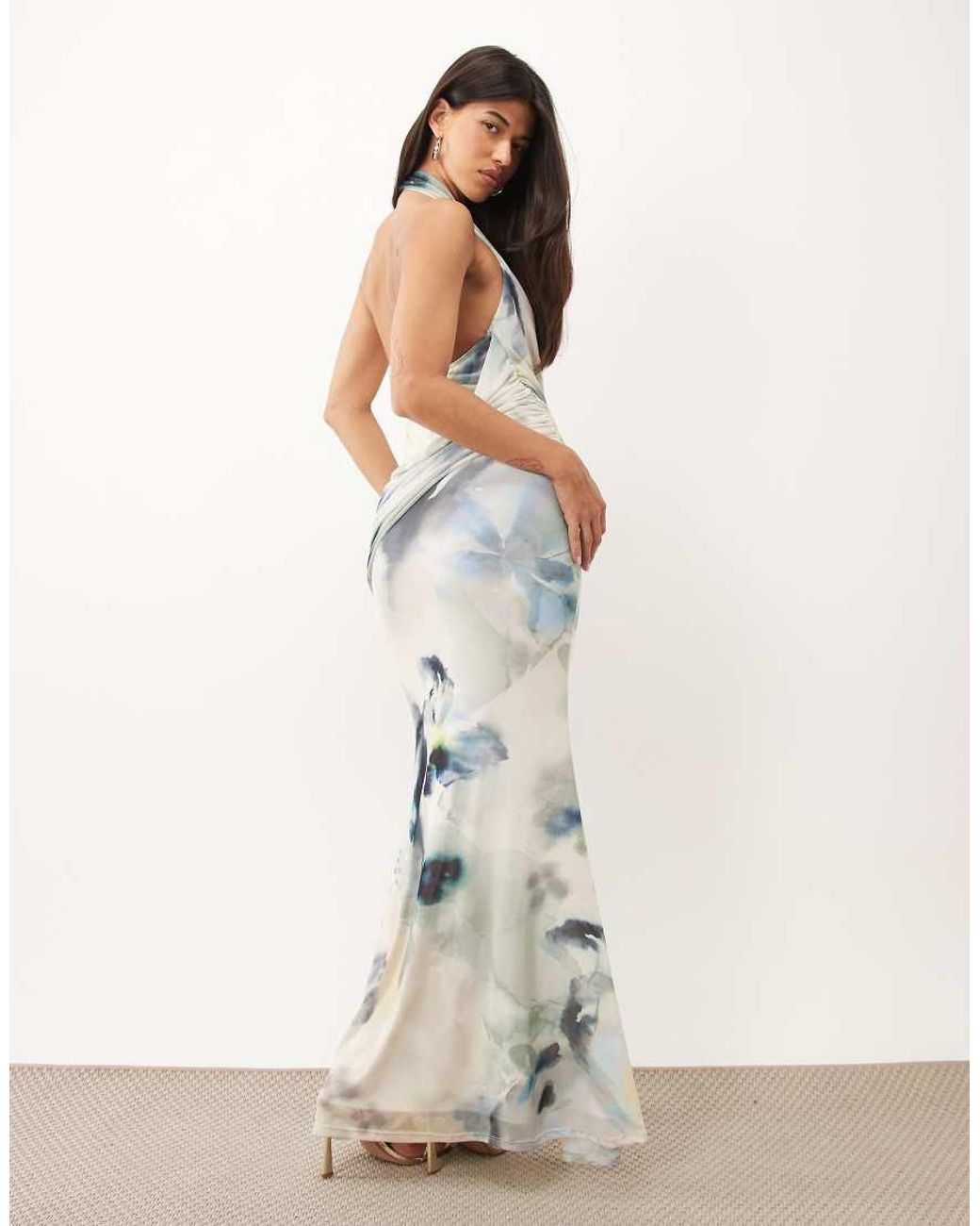 ASOS White Printed Halter Maxi Dress With Draped Sash Detail