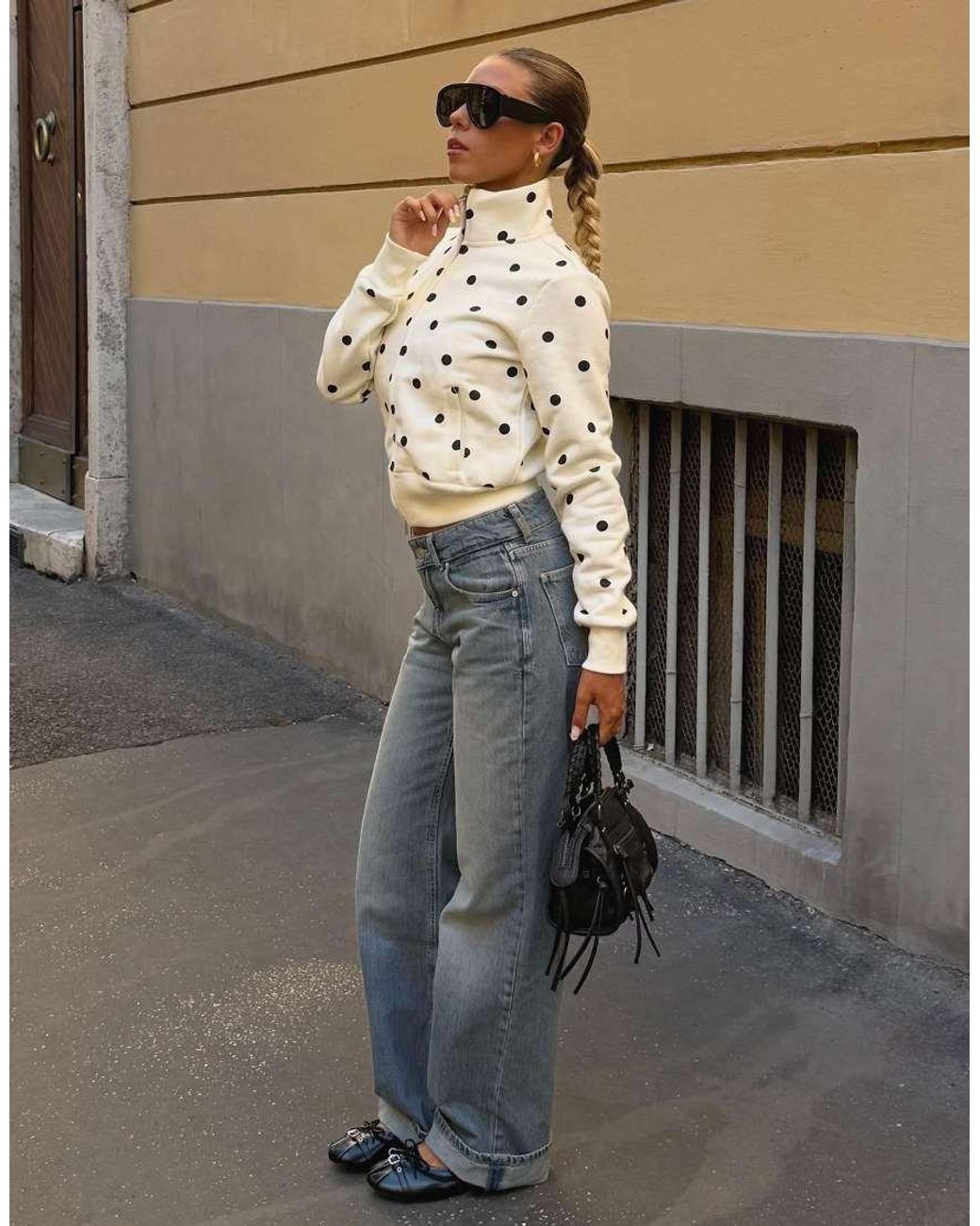 Bershka Natural Polka Dot Zip-Up Sweatshirt