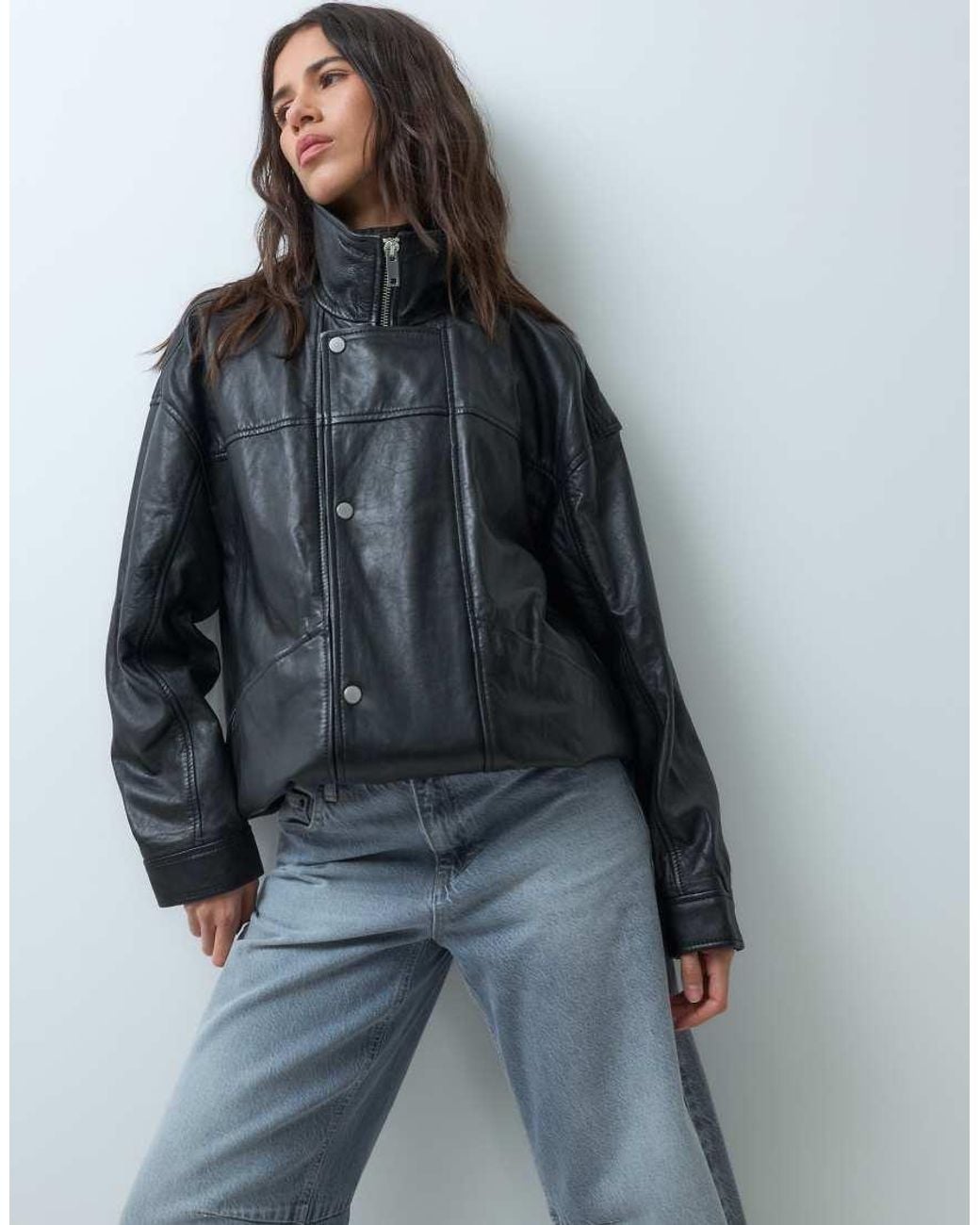 Barney's Originals Blue Real Leather Funnel Neck Bomber Jacket