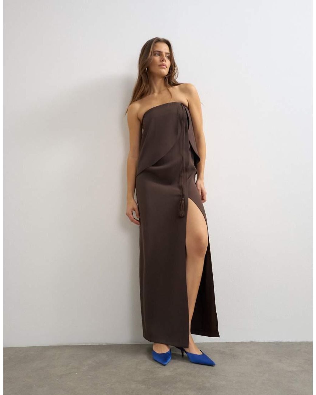 TOPSHOP White Heavy Crepe Fold Over Bandeau Maxi Dress With Tassel Detail