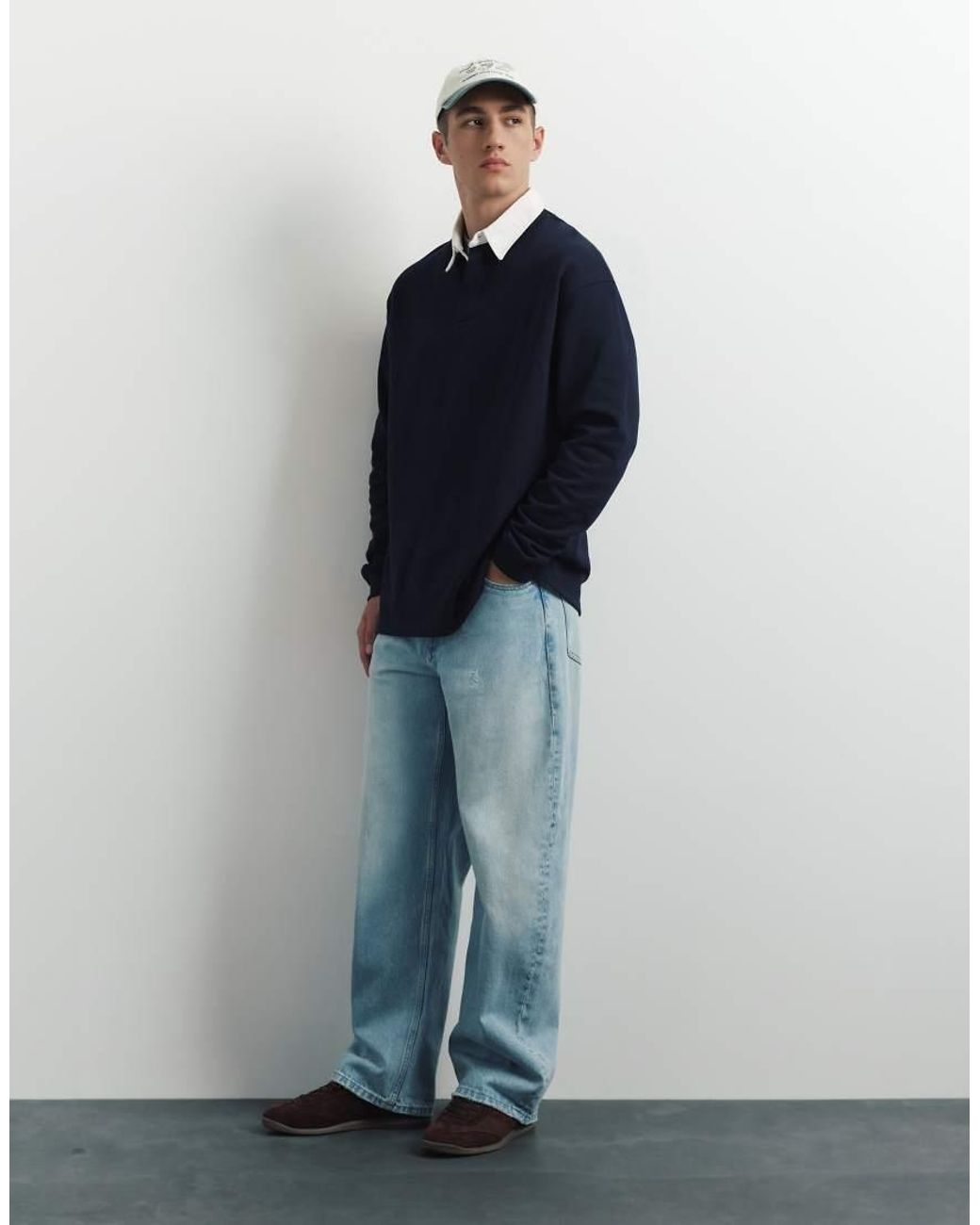 Pull&Bear Blue Long Sleeve Polo Shirt for men