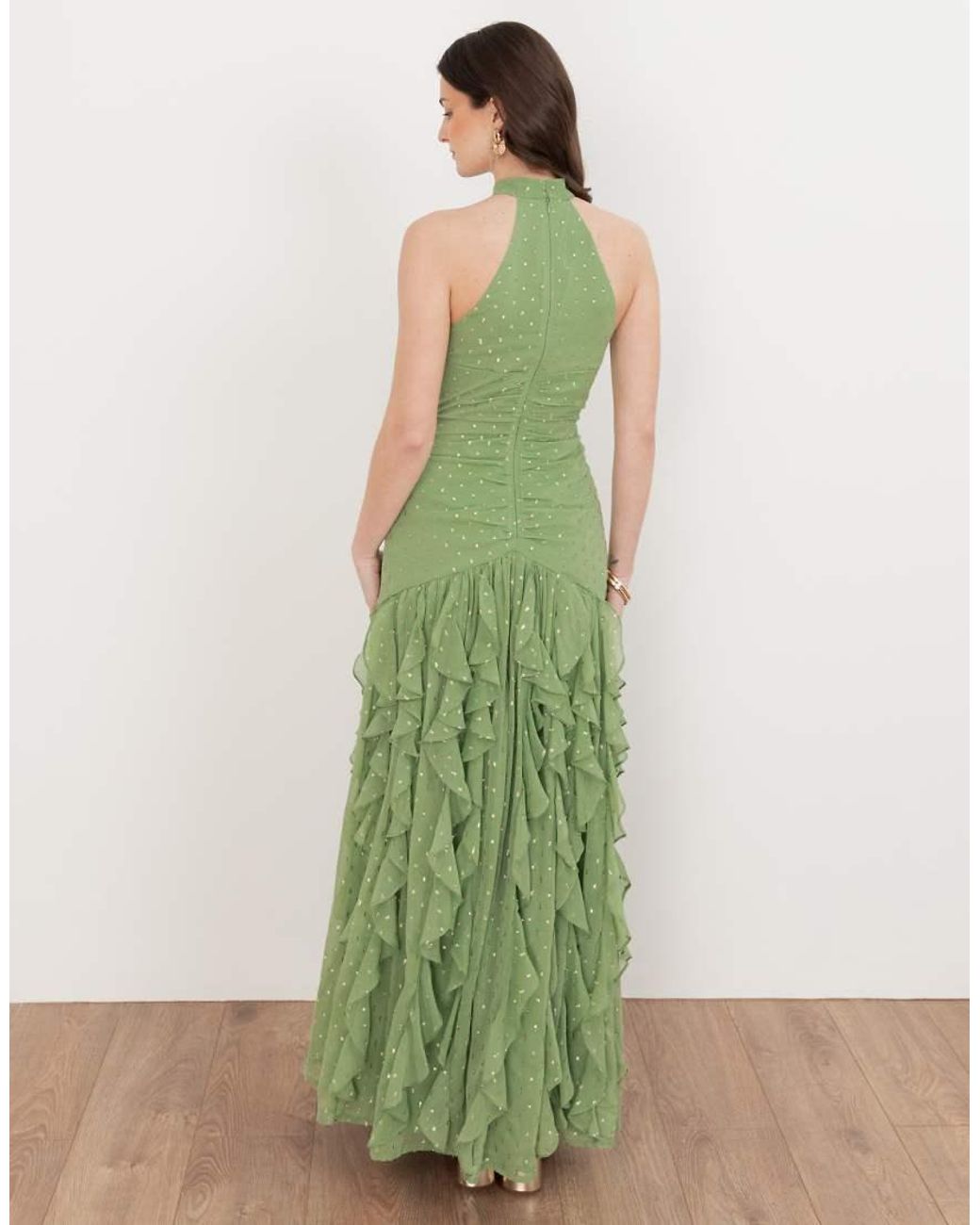 ANAYA Green Halter Neck Waterfall Ruffle Maxi Dress