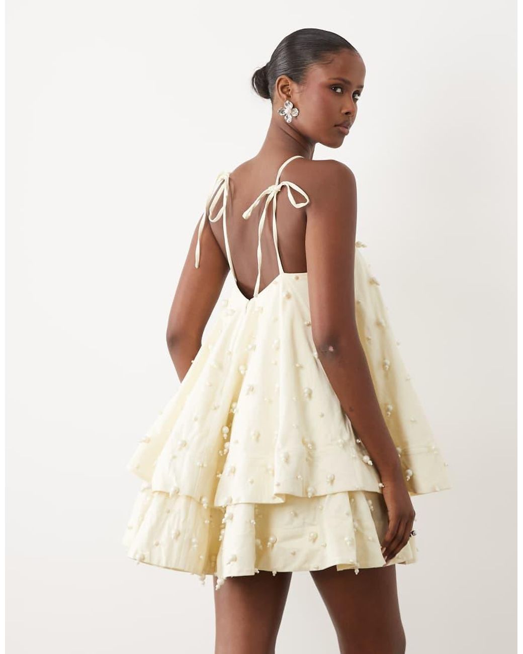 ASOS Natural Halter Neck Mini Dress With Pearl Embellished Beads
