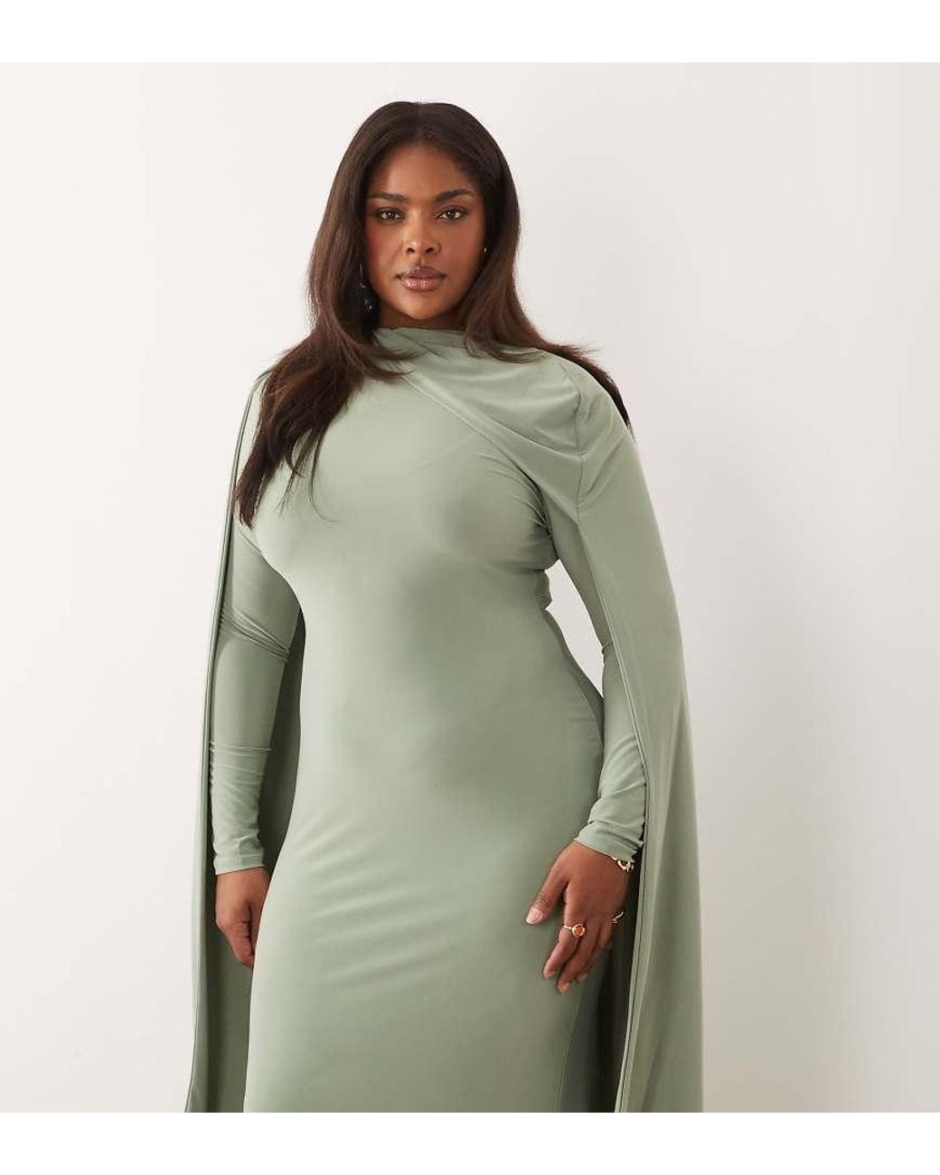 asos green long sleeve dress Asos Design Curve Slinky Maxi With Extreme Cape Shoulder Detail in Midi dress