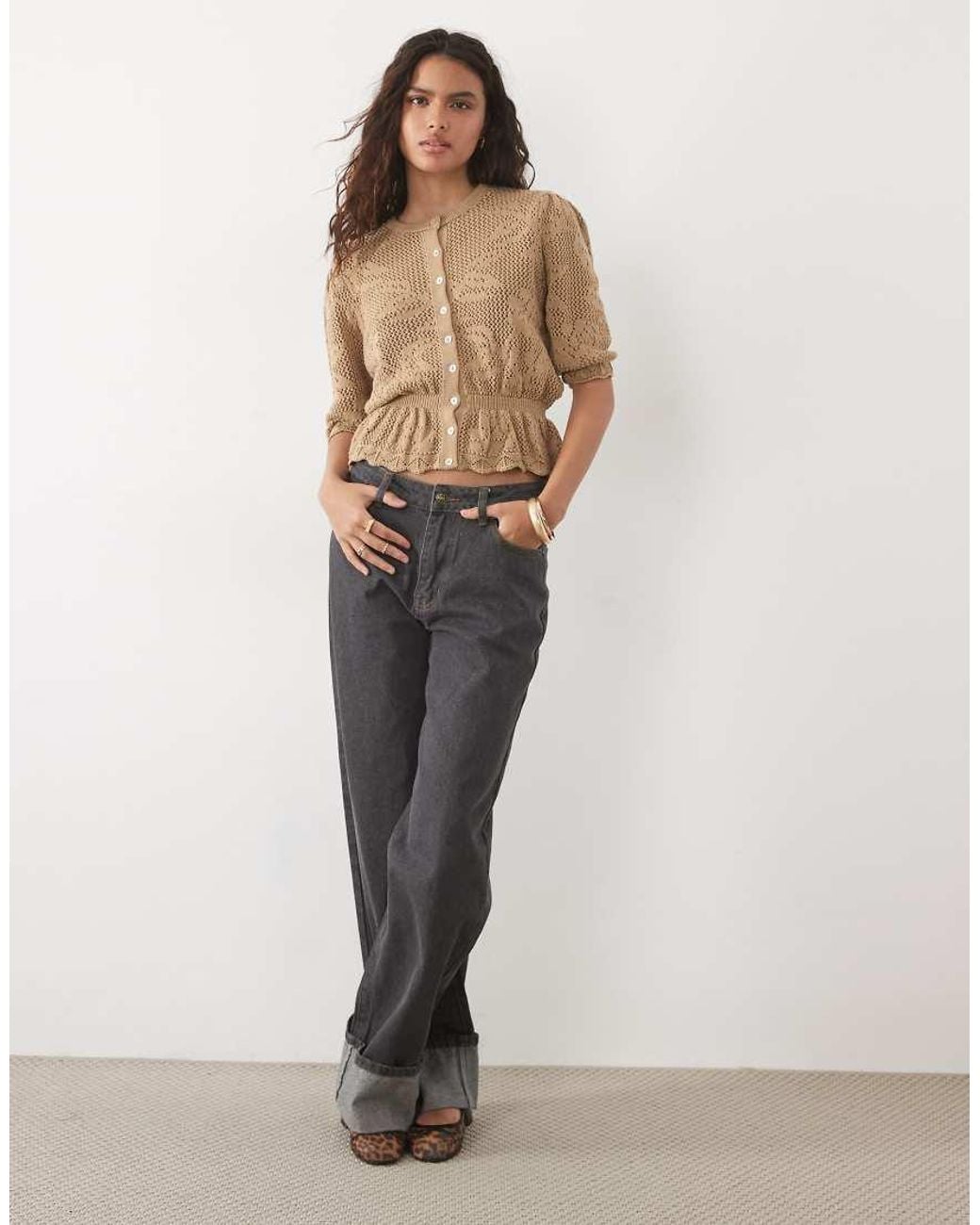 Miss Selfridge Natural Floral Knitted Cardigan With Peplum Hem