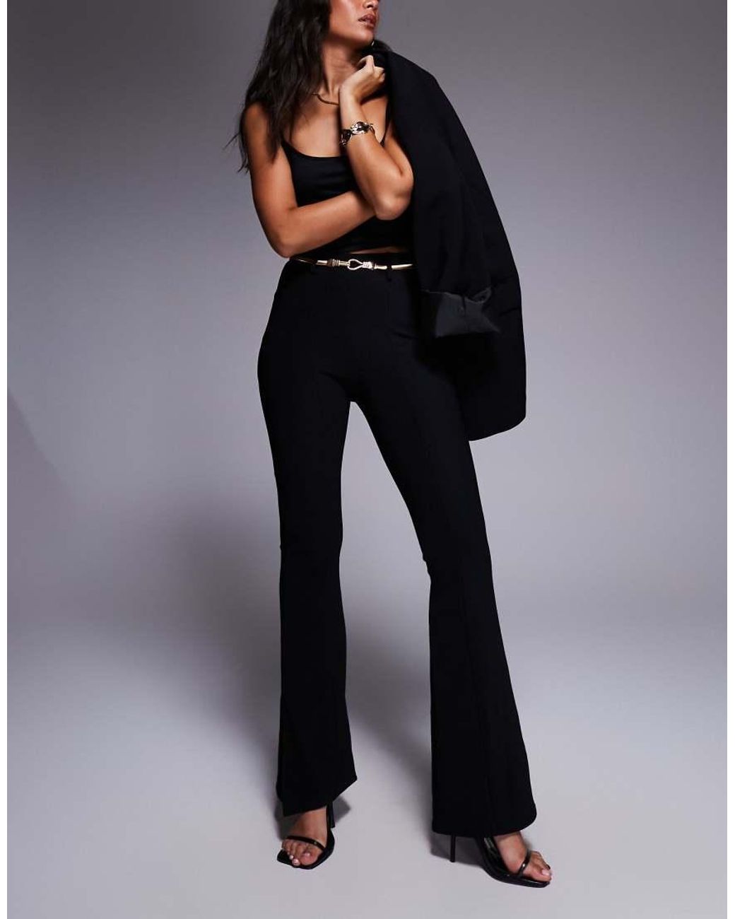 River Island Black Ribbed Flare Trousers With Belt