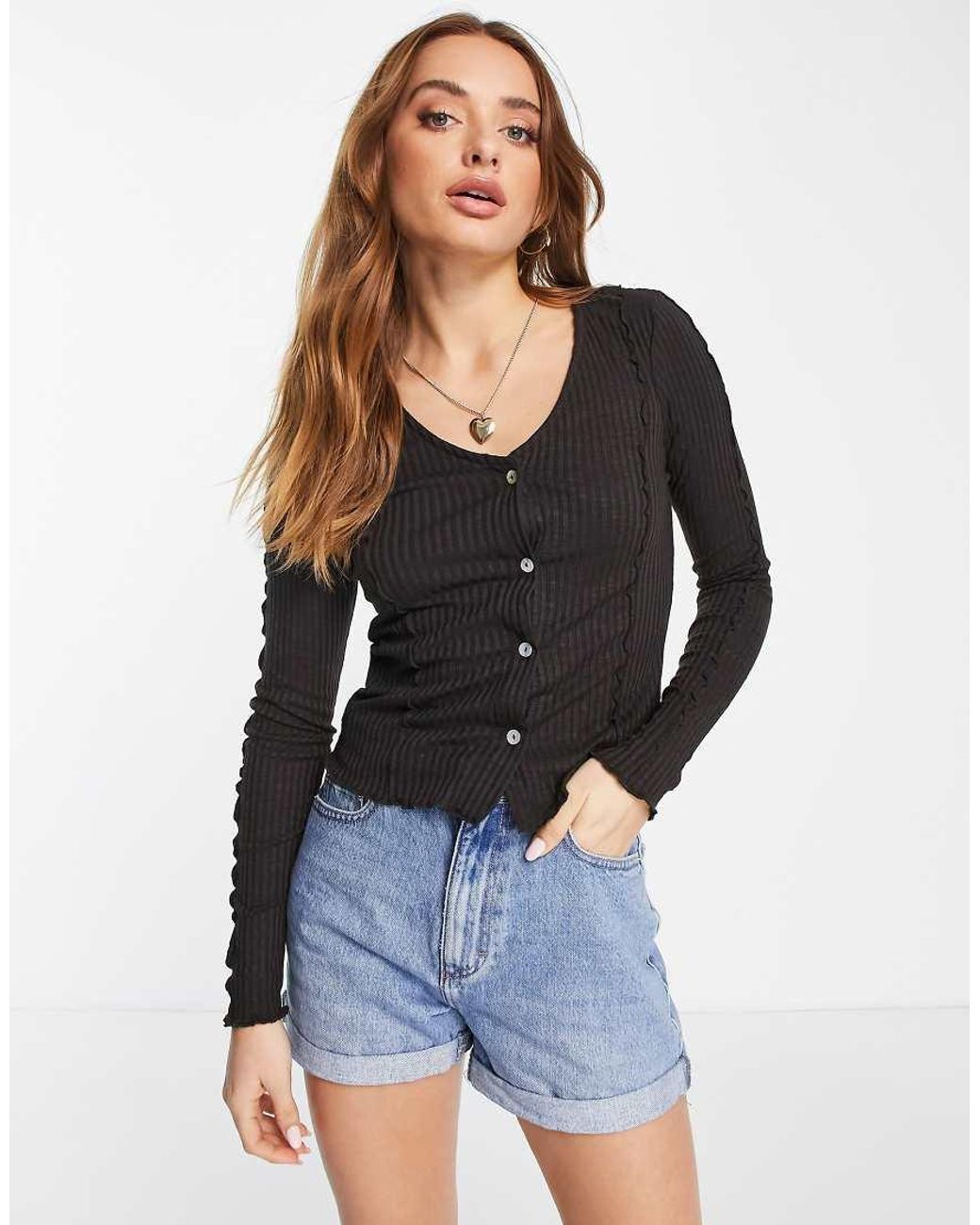 Mango Black Lettuce Edge Button Front Top