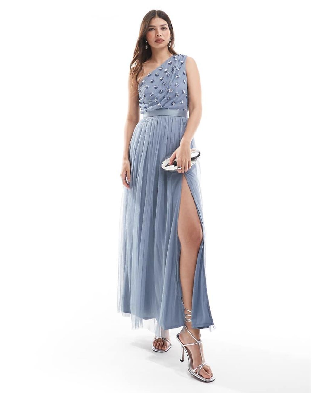 Maya Blue Embellished One Shoulder Bridesmaid Maxi Dress