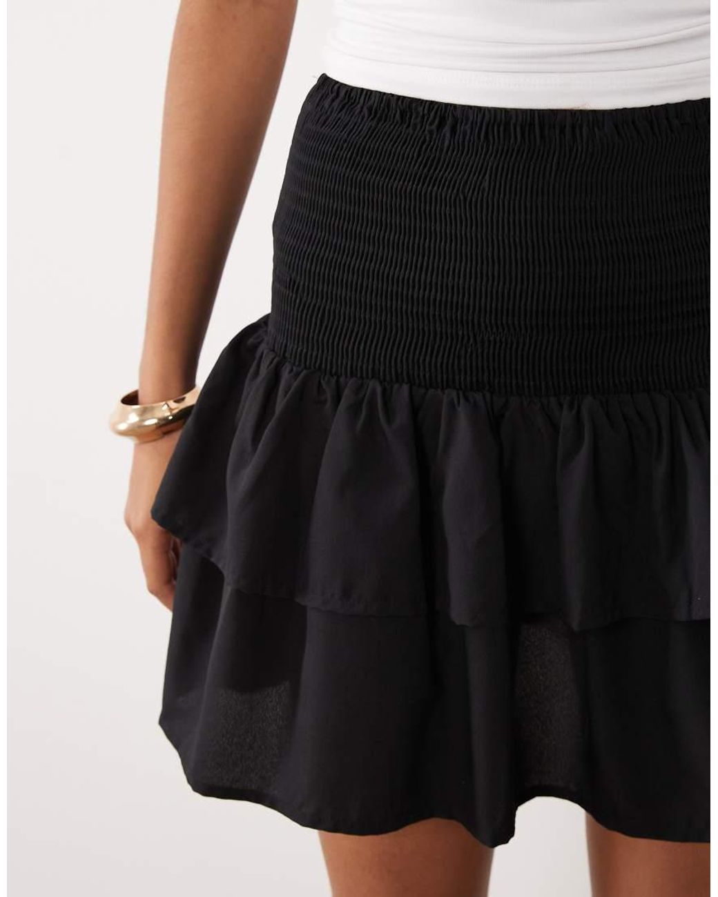 Vila Black Shirred Waist Tiered Mini Skirt