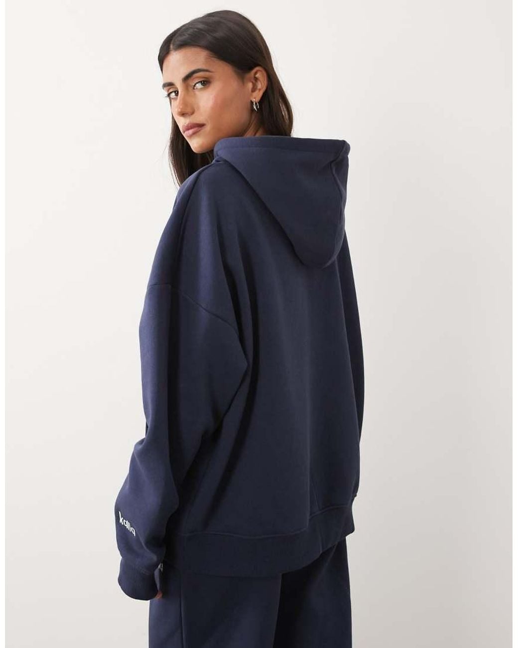 Kaiia Blue Cotton Rich Embroidered New York Script Logo Oversized Hoodie Co-ord