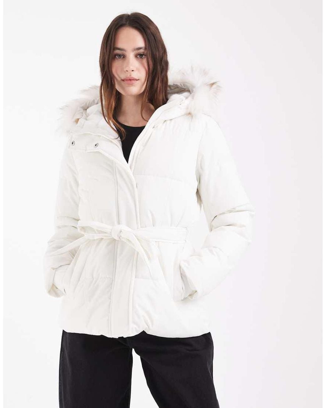 Hollister White Belted Puffer Jacket With Fur Hood