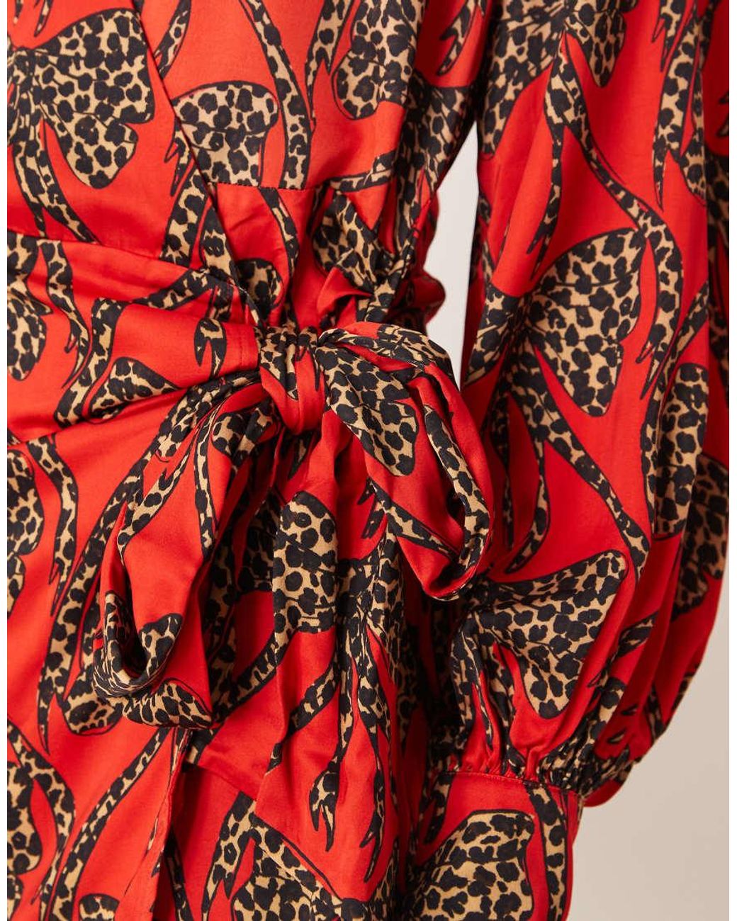 Never Fully Dressed Red Leopard Bow Satin Mini Dress