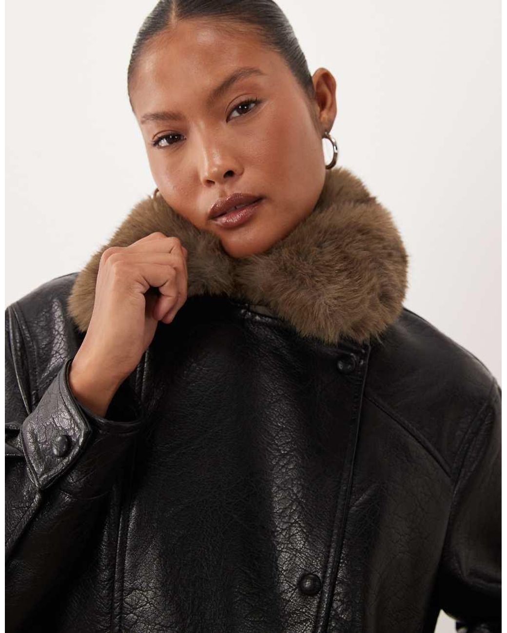 ASOS Black Asos Design Petite Leather Look Moto Jacket With Tan Faux Fur Collar