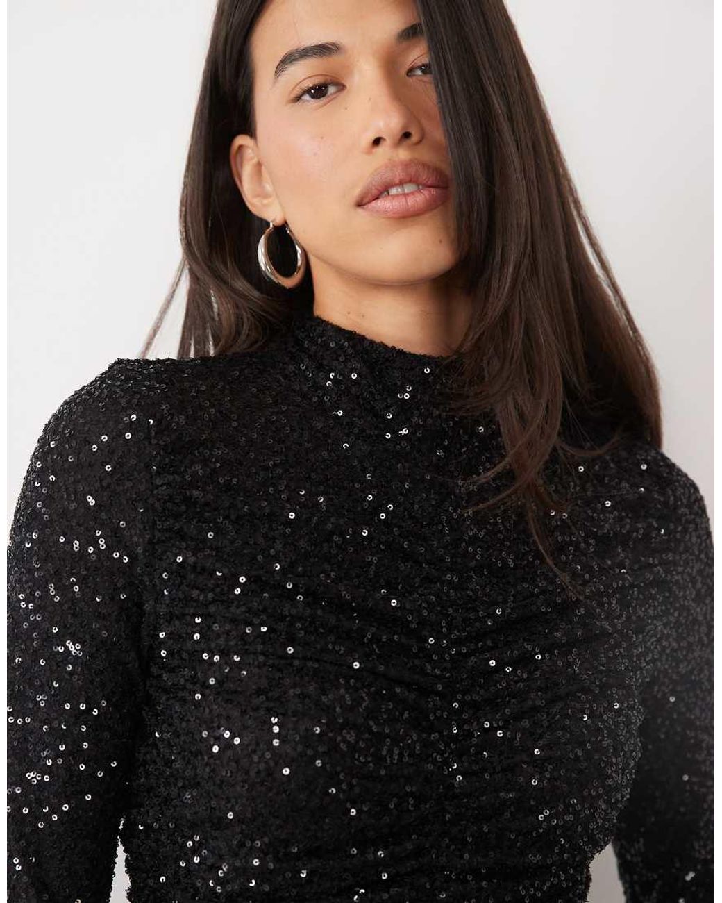 Ruched & Ready Black Sequin High Neck Ruched Detail Jumpsuit