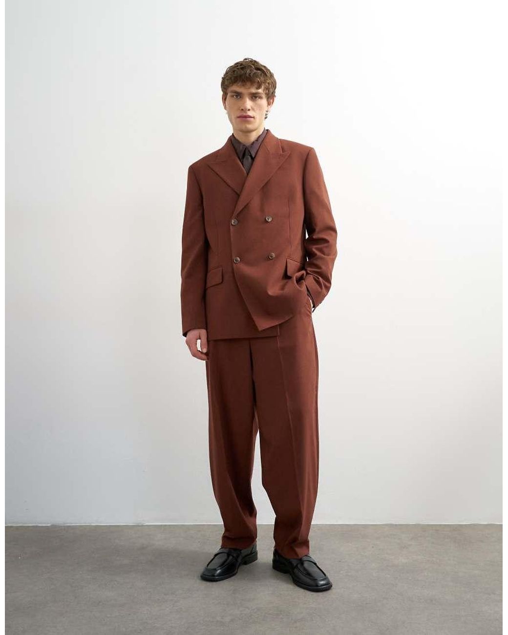 Topman Brown Relaxed Double Breasted Wool Touch Suit Jacket for men