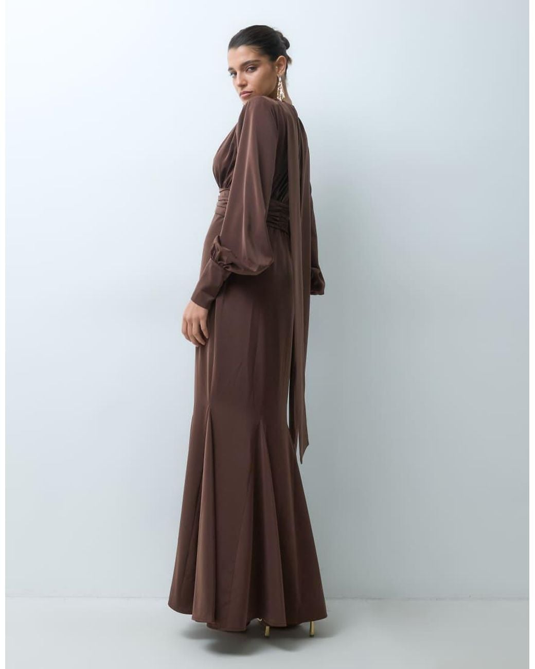 Pretty Lavish Brown Satin Scarf Neck Blouson Sleeve Fishtail Maxi Dress