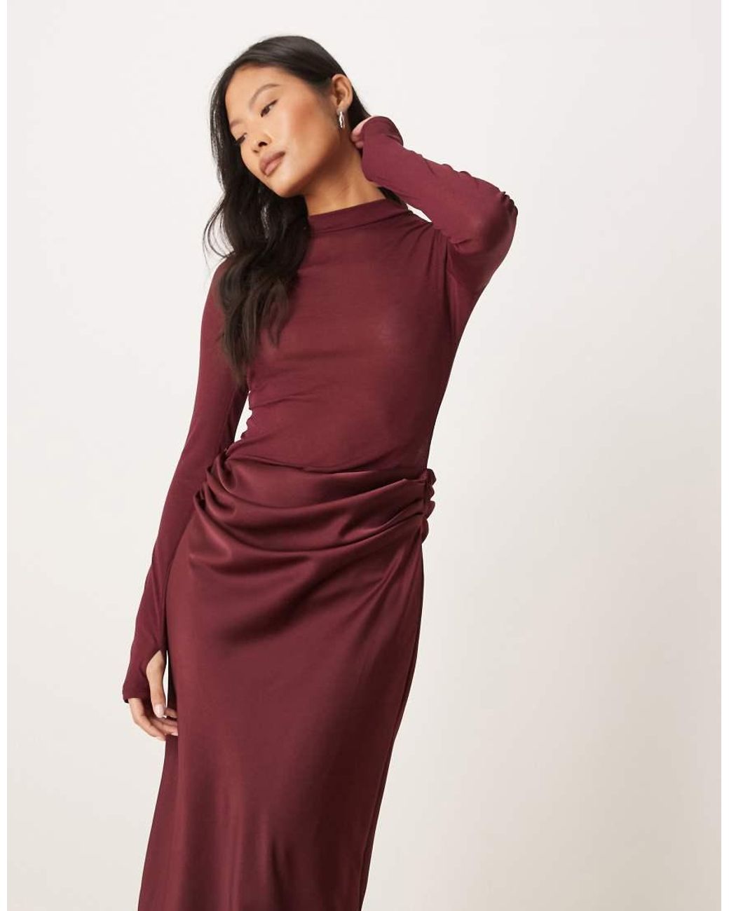 ASOS Red Asos Design Petite Sheer High Neck Bodice Drape Satin Maxi Dress