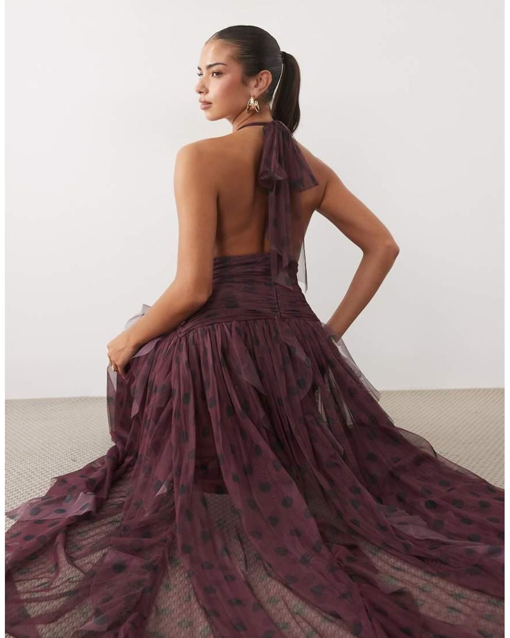 LACE & BEADS Purple Dobby Halter Neck Ruffle Skirt Maxi Dress