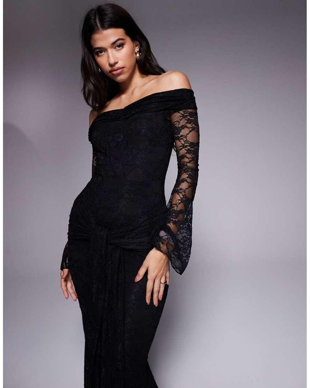 Kaiia Blue Exclusive Double Layered Slinky Lace Bardot Flare Sleeve Tie Waist Drape Detail Maxi Dress