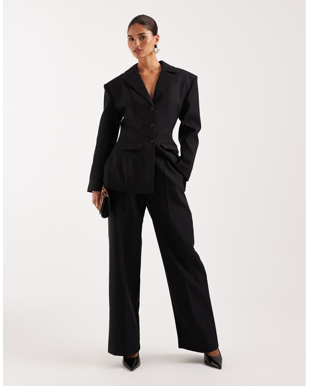 Wanderdoll Black Farron Tailored Structured Cinch Waist Longline Blazer Co-Ord