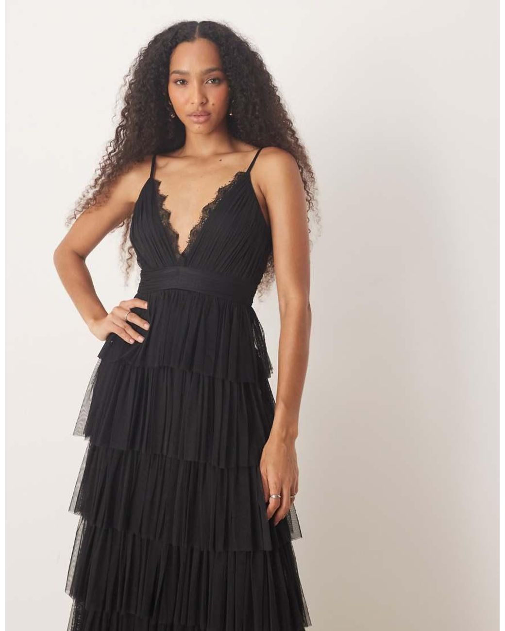 LACE & BEADS Blue V Neck Lace Tiered Tulle Maxi Dress