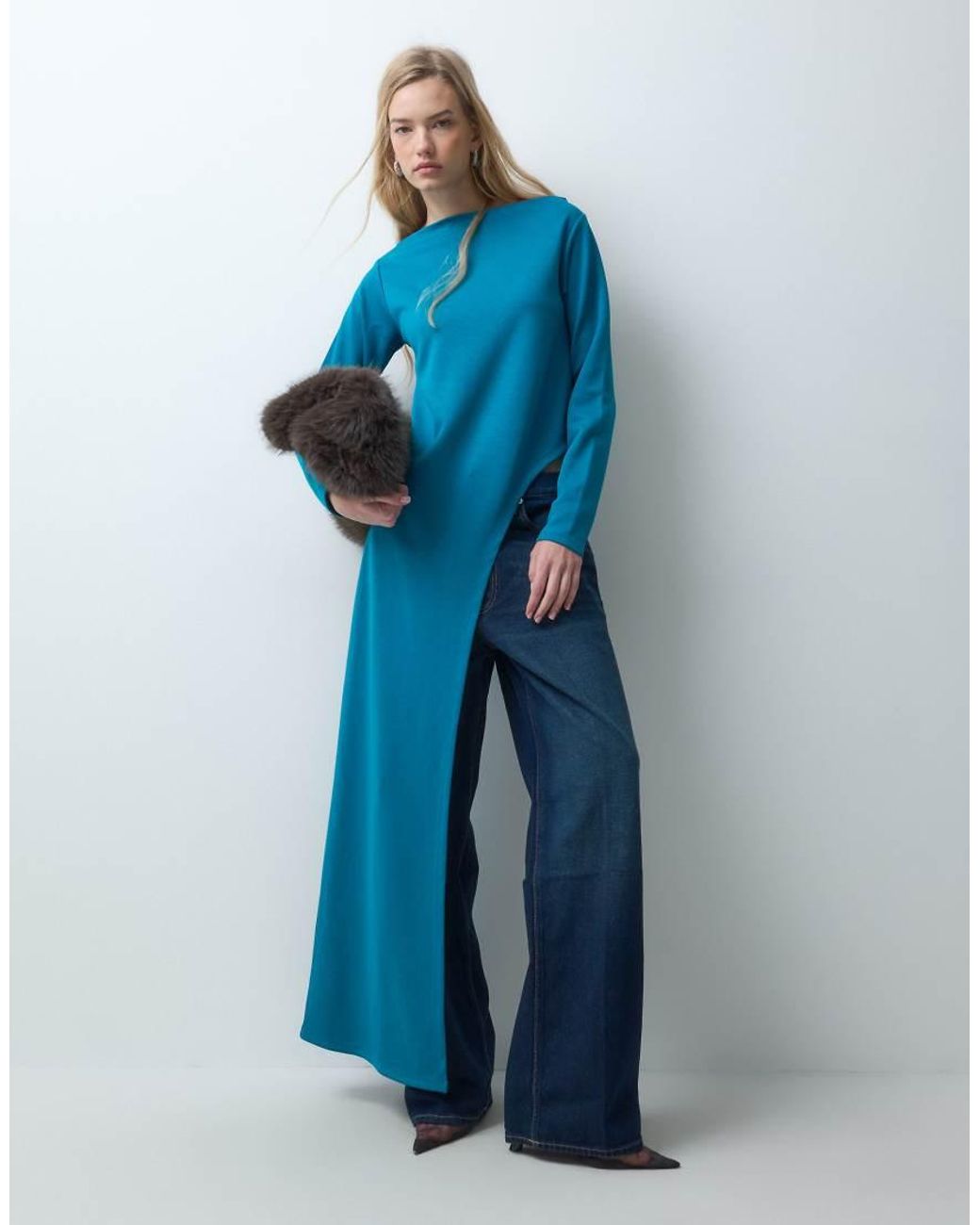 ASOS Blue Long Sleeve With Aysm Side Split Top