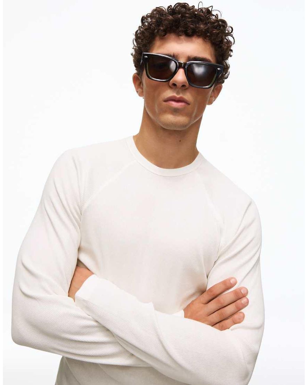 Bershka White Slim-Fit Ribbed Long Sleeve T-Shirt for men