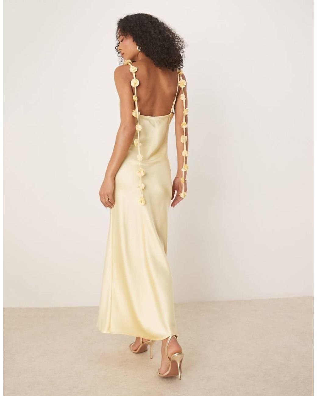 Gina Tricot Natural Satin Cowl Neck Dress With 3d Floral Applique