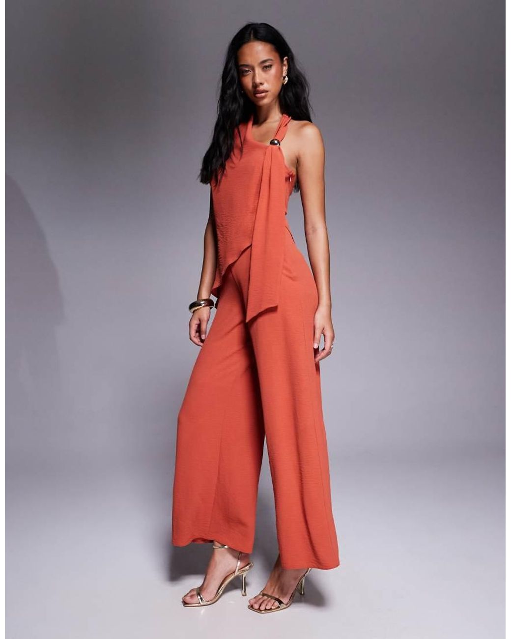 ASOS Red Trim Detail Halter Overlay Jumpsuit