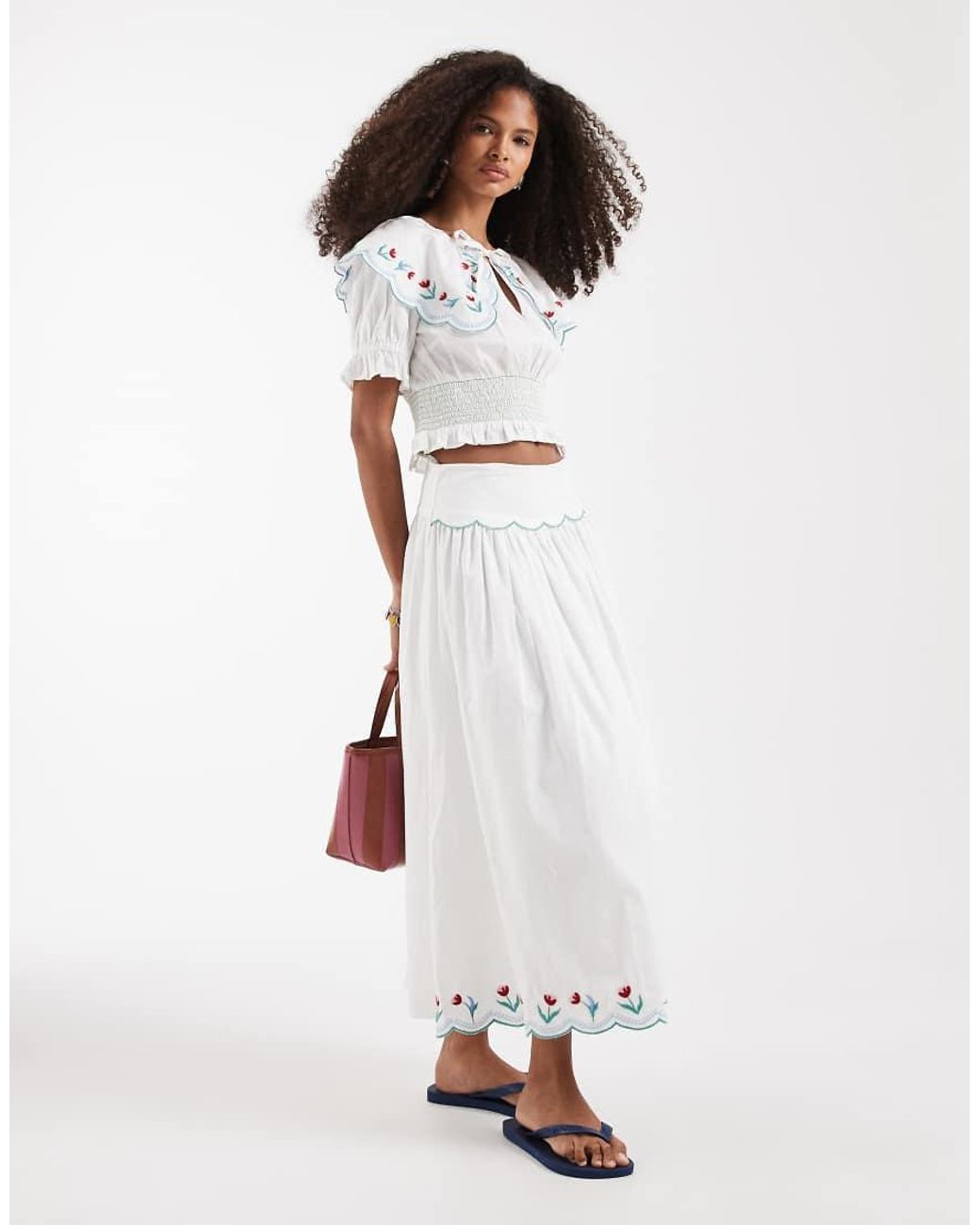 Neon Rose White Floral Collared Short Sleeve Shirred Top