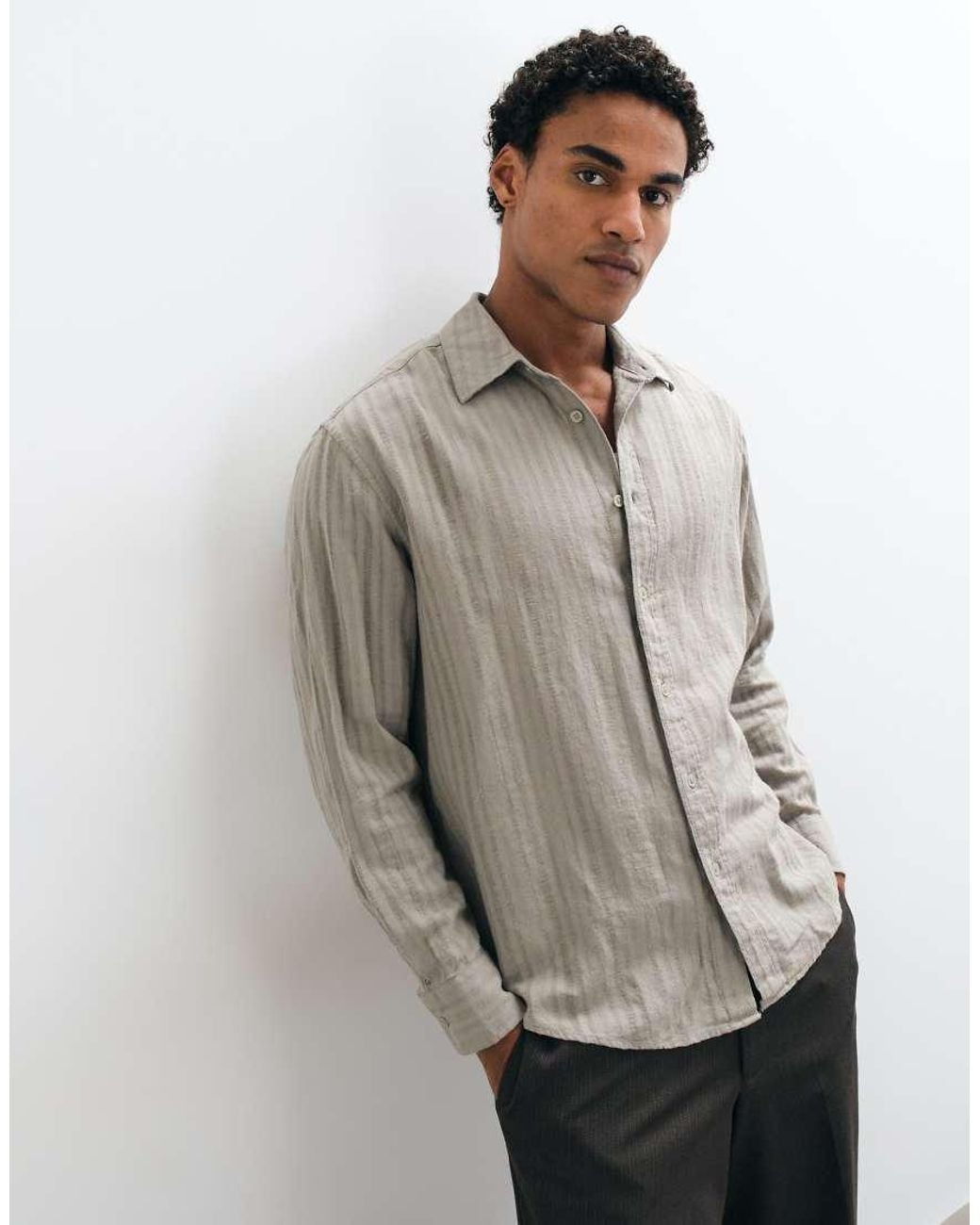 Only & Sons Gray Linen Blend Textured Long Sleeve Shirt Co-Ord for men