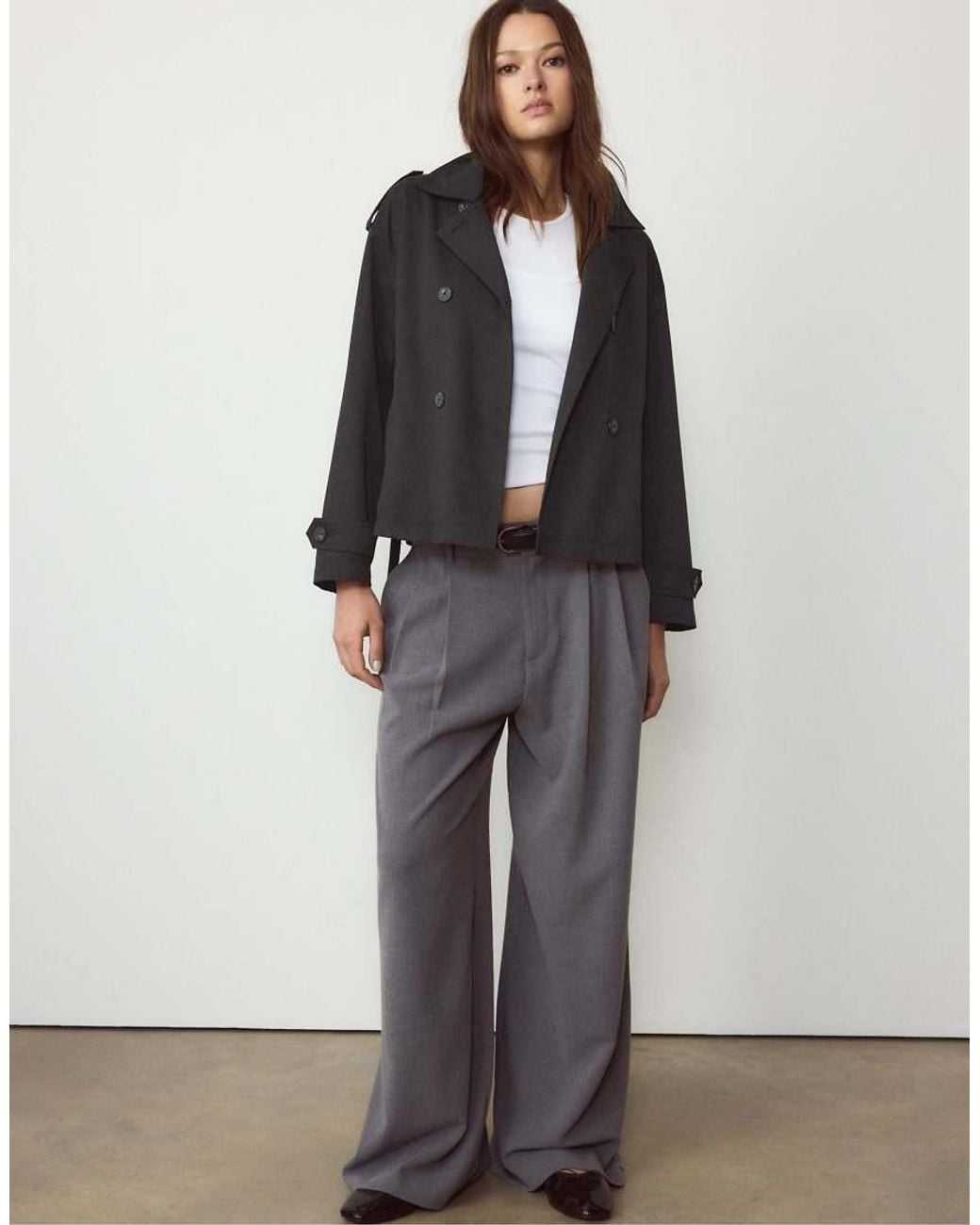 Stradivarius Black Cropped Trench Coat With Belt