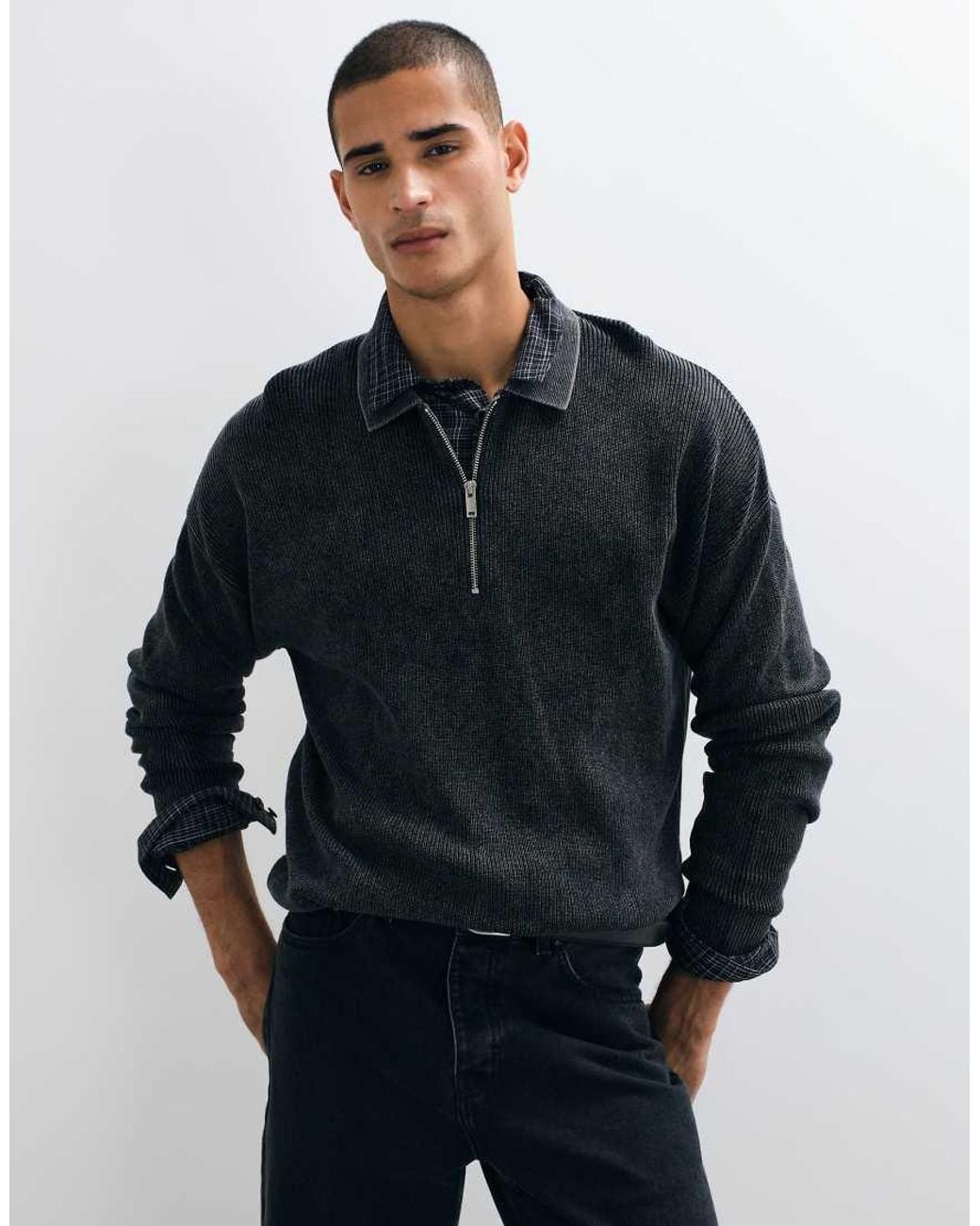 Only & Sons Blue Ribbed Half Zip Polo for men